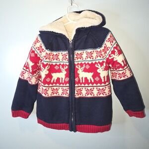 SAM & JO reindeer hooded sherpa full zip sweater size 5T Cozy Fair Isle Holidays